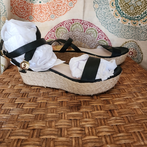 MICHAEL KORS Black Leather JALITA Jute PLATFORM Strappy MK Logo SANDALS - Picture 11 of 16